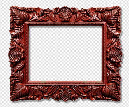 Vintage red frame decoration square shape with elegant carved decoration, isolated on transparent background, generative aiの素材