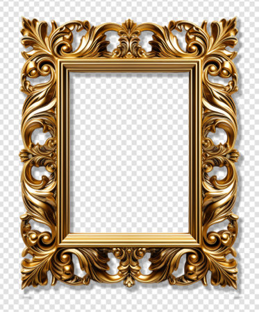 Antique gold frame decoration square shape with elegant carved decoration, isolated on transparent background, generative aiの素材