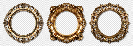 Set of round shaped decorative vintage gold frames with elegant carvings, isolated on transparent background, generative aiの素材