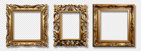 Set of Decorative antique gold frames of square shape with elegant carved decoration, isolated on transparent background, generative aiの素材