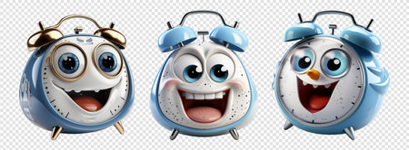 set of alarm clock cute face characters with smiling facial expressions, isolated on transparent background, generative aiの素材