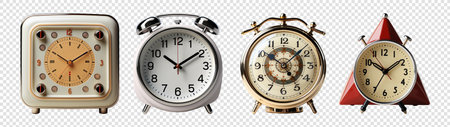 set of alarm clocks of various shapes, square, round, and triangle, isolated on transparent background, generative aiの素材