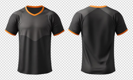 black sports t-shirt with orange stripe pattern, jersey mockup design with front and back views, generative aiの素材