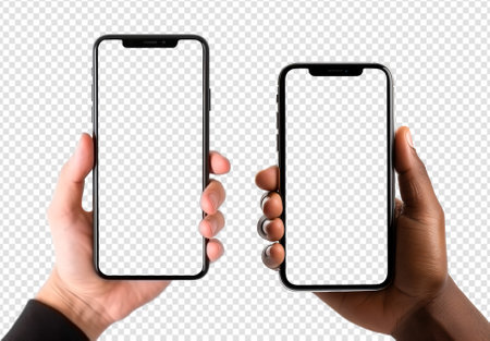 cell phone mockup held in hand, blank screen isolated on transparent background, generative aiの素材