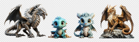 set of 3d illustrations of dragon characters, isolated on transparent background, generative aiの素材