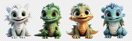 set of 3d illustrations of adorable cute dragon cartoon characters, isolated on transparent background, generative aiの素材
