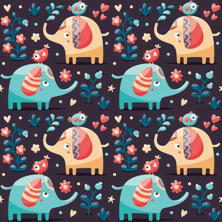 Seamless cute pattern made with elephants, birds, plants, jungle, flowers, hearts berry wild wildlifeのイラスト素材