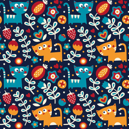 Seamless floral cute spring pattern made with flowers, cats, plants, strawberry, cherry, berries, leaves, nature summer kittenのイラスト素材