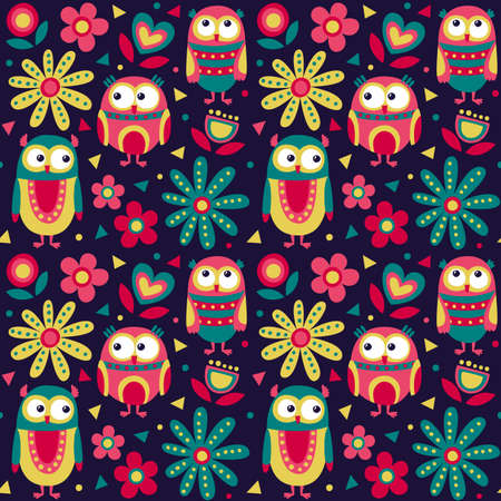 New cute animal seamless pattern made with owls, flowers, nature, plants, leaves, triangles, circles flyのイラスト素材