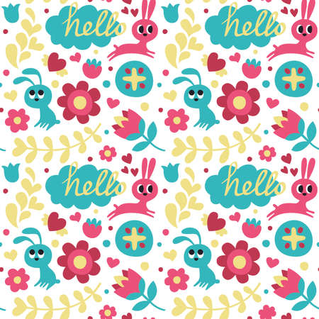 Seamless cute animal pattern made with rabbit, hare, flowers, hearts, plants, words hello bunnyのイラスト素材