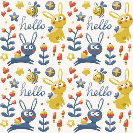 Seamless cute pattern made with fox, rabbit, hare, flowers, animals, plants, hearts hello for kid wildのイラスト素材
