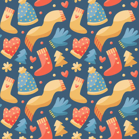 Seamless cute winter christmas pattern made with winter clothes, hat, scarf, gloves, mittens, heart, Christmas tree, holidayのイラスト素材