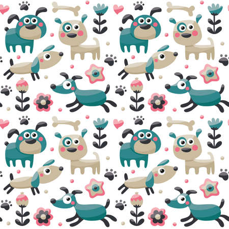Seamless cute pattern made with dog, birds, flowers, paw, trace, plants berries pet puppyのイラスト素材