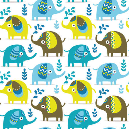 Seamless pattern with elephants, plants, jungle animalsのイラスト素材