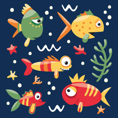 Fishes and algae wildlife starfish set sea oceanのイラスト素材