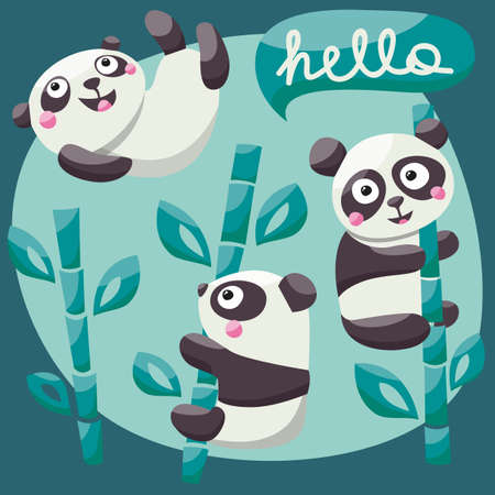 Set cute Panda and bamboo with hell collection, design, colorful, plant, weather, postcard, kid, art, background, child zoo branch wild bubble cartoon woodland wildlifeのイラスト素材