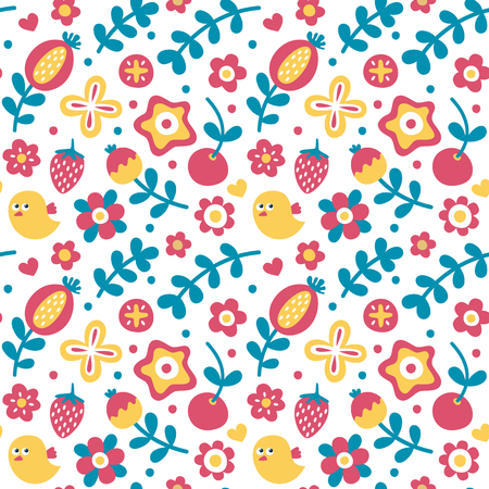 Seamless cute floral pattern with bird, flowers, berry, strawberry, colorful, cherry, plant leaf nature naturalのイラスト素材