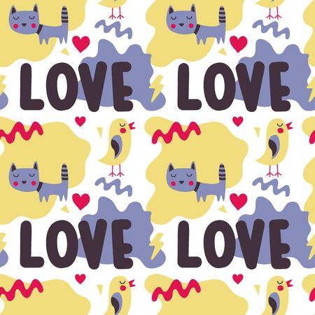 Seamless bright colorful cute pattern with love, hearts, cat, bird, friends, Valentines Dayのイラスト素材