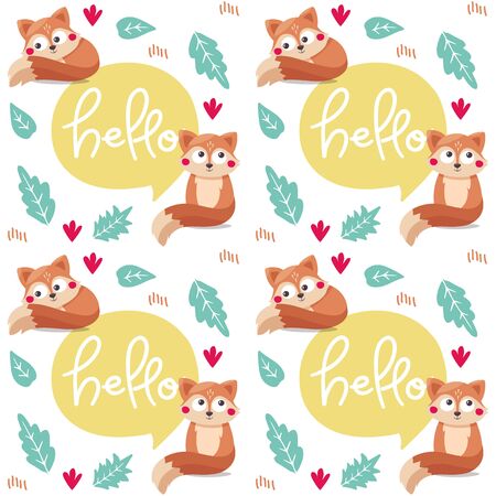 Seamless bright colorful cute pattern with fox, leaf, hello, plant, friendsのイラスト素材