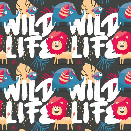 Seamless cute vector tropical pattern with elephant, lion, leaves, bird, plantsのイラスト素材