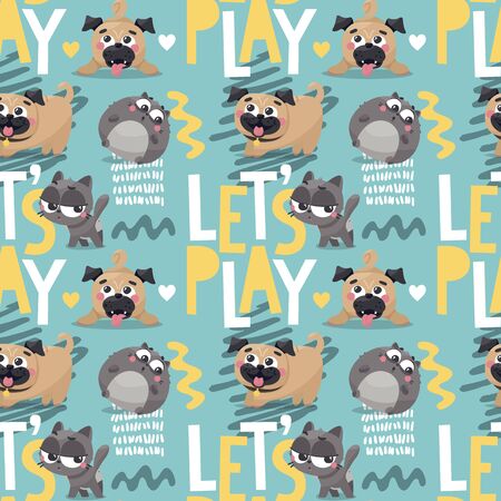 Seamless cute vector animal pattern with pug dogs , cats, Lets playのイラスト素材