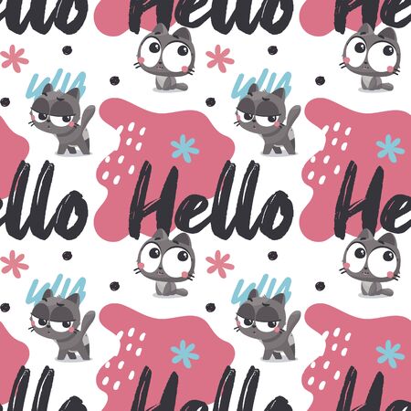 Seamless cute vector animal pattern with pets catsのイラスト素材