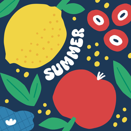 Floral summer greeting card with flowers, fruit, lemon, apple, berry, plant, leaf, bushes, nature in...