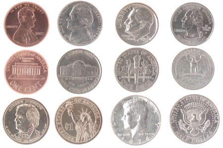 Set of isolated coins from American currency including front and back viewsの写真素材