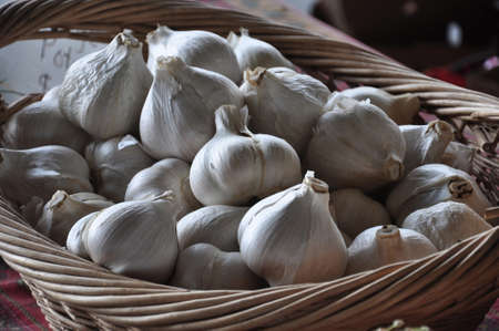 Bulbs of garlic in a wicker basket at a farmers marketの写真素材