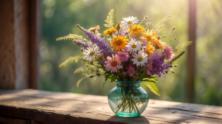 Bouquet of meadow flowers in vase at green nature background. Romantic card, season wildflowersの素材