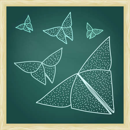 Chalkboard with drawing of origami butterflies in hairline outline style.のイラスト素材