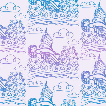 Summer sea seamless pattern. Illustration of bird seagull, sky and waves. Used for wallpaper, textile, backgroundのイラスト素材