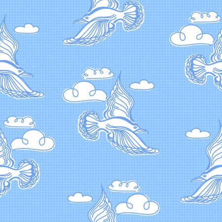 Summer sea seamless pattern. Illustration of bird seagull, sky and waves. Used for wallpaper, textile, backgroundのイラスト素材