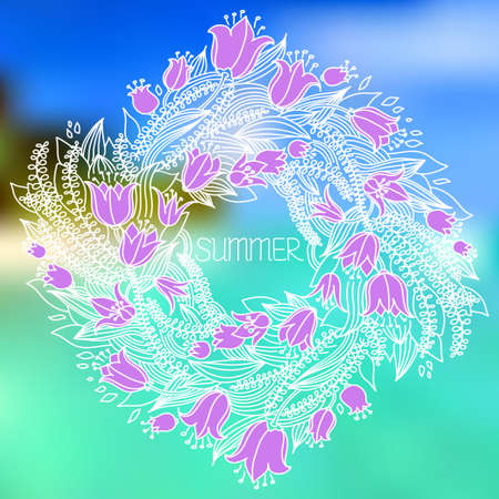 Vector hairline circular floral wreaths with summer flowers and central copy space for your text. Vector hand drawn wreath with flowersのイラスト素材