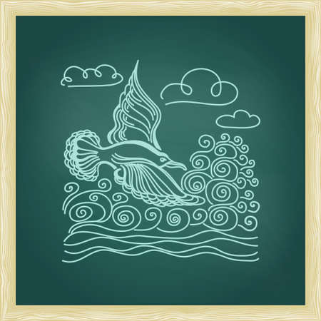 Illustration of bird seagull, sky and waves. Summer sea banner. Green chalkboard with frameのイラスト素材