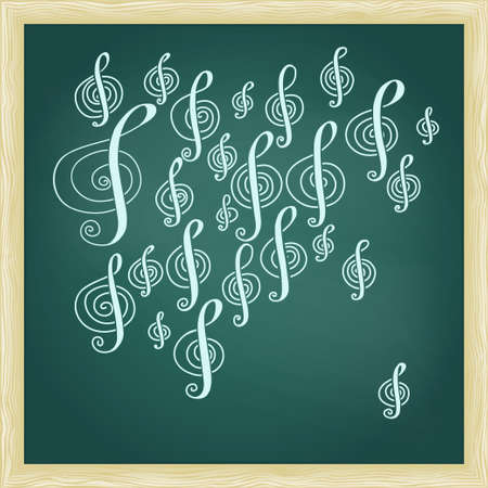 Drawing of music treble clef on green chalkboard with frame.のイラスト素材