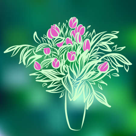 Tulips in vase. Sketch drawing on colorful backgroundのイラスト素材