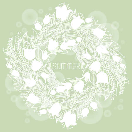 Vector hairline circular floral wreaths with summer flowers and central copy space for your text. Vector hand drawn wreath with flowersのイラスト素材