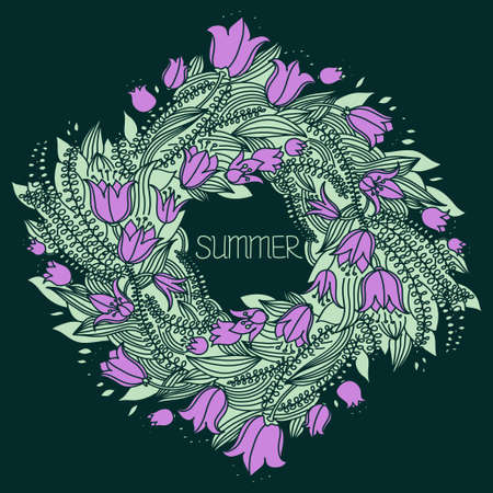Vector hand drawn wreath with flowers and central copy space for your textのイラスト素材