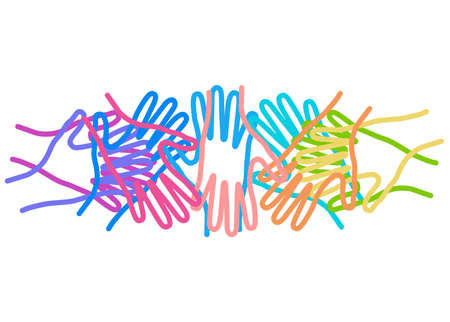 People colorful hands united together. Illustration of teamwork, solidarity, friendship, partnership, communication, united, meetingのイラスト素材