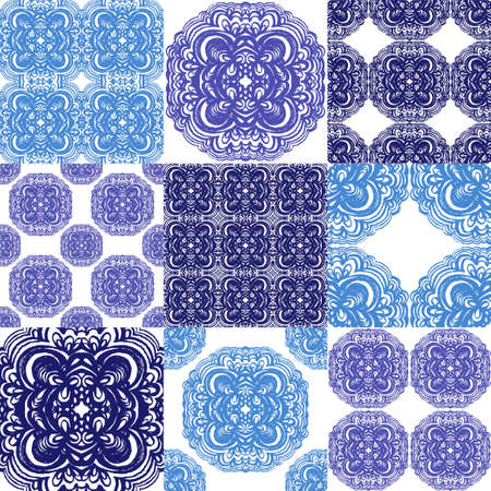 Moroccan tiles ornaments in blue and white colors. Seamless patchwork pattern set. 9 in 1. Can be used for wallpaper, textile and pattern fills, different surfaces, background of web site pages.のイラスト素材
