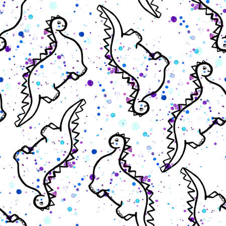 Cartoon Dinosaur Illustration Wallpaper Seamless Surface Textile Pattern with colorful watercolor splatter dots.の写真素材