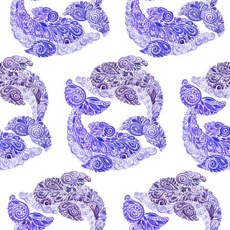 Watercolor Dolphins Doodle Mehndi Ethnic Illustration. Wallpaper textile seamless pattern.の写真素材