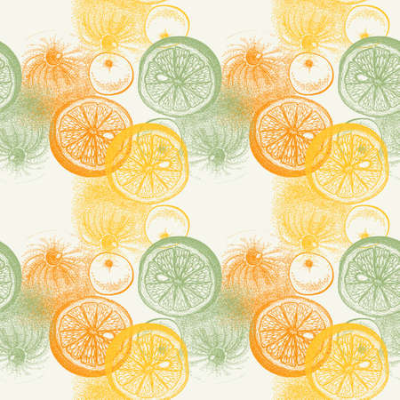 Wallpaper seamless pattern with hand drawn oranges citrus. Drawing of pen, ink and paper. Fruit and food themesの写真素材