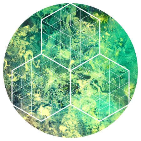 Sacred geometry symbol on colorful watercolor circuar background.