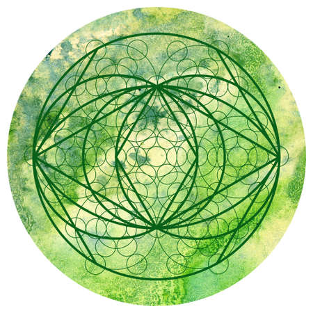Sacred geometry symbol on colorful watercolor circuar background.の写真素材