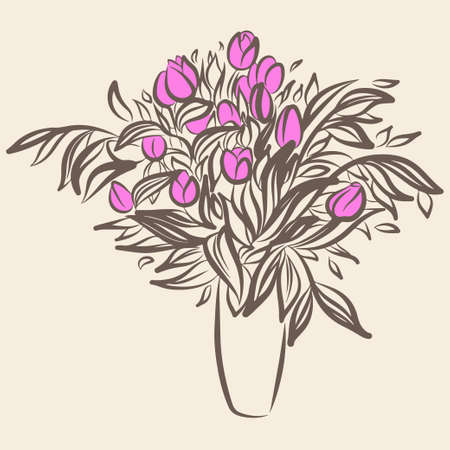 Tulips flower in vase. Sketch drawing in vintage style.のイラスト素材