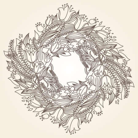 Vector hairline circular floral wreaths with summer flowers and central copy space for your text. Vector hand drawn wreath with flowersのイラスト素材