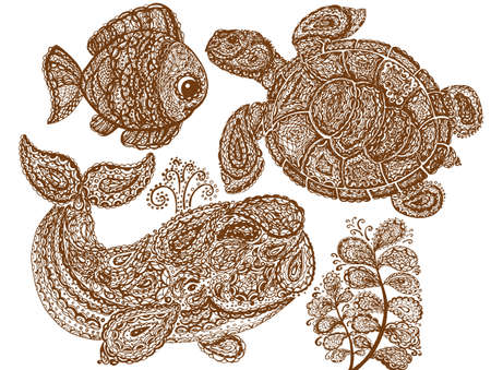 Sea turtle, whale, water plant and fish in doodle paisley mehndi style. Sea life. Animals in the ocean. Set of the sea life.のイラスト素材