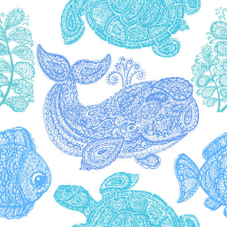 Sea turtle, whale, water plant and fish in doodle paisley mehndi style. Sea life. Colorful animals in the ocean. Set of the sea life. Wallpaper seamless surface textile pattern.のイラスト素材
